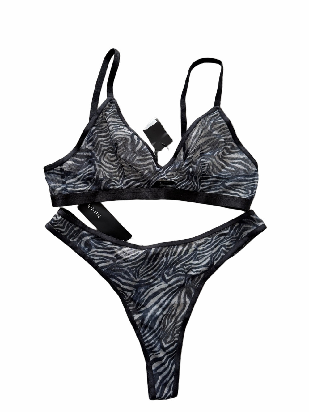 Blush Sheer Zebra bralette & high leg Thong set - Black & Gray size medium